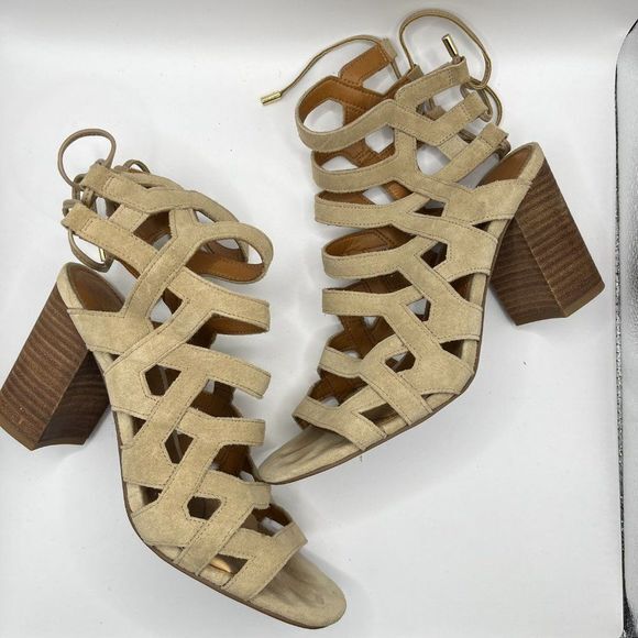 Franco Sarto Beige Suede‎ Cage Connie Mules TAN HEEL SANDALS Ankle Tie Size 8M - Picture 1 of 6